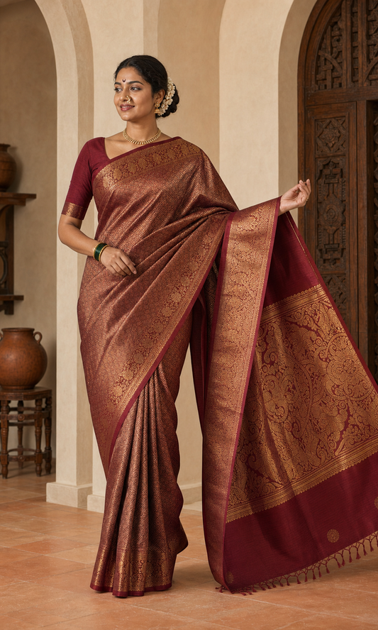 Arakku Maroon Kanjeevaram worn front