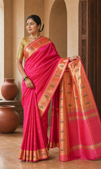 Gulnaar Pink Paithani worn front