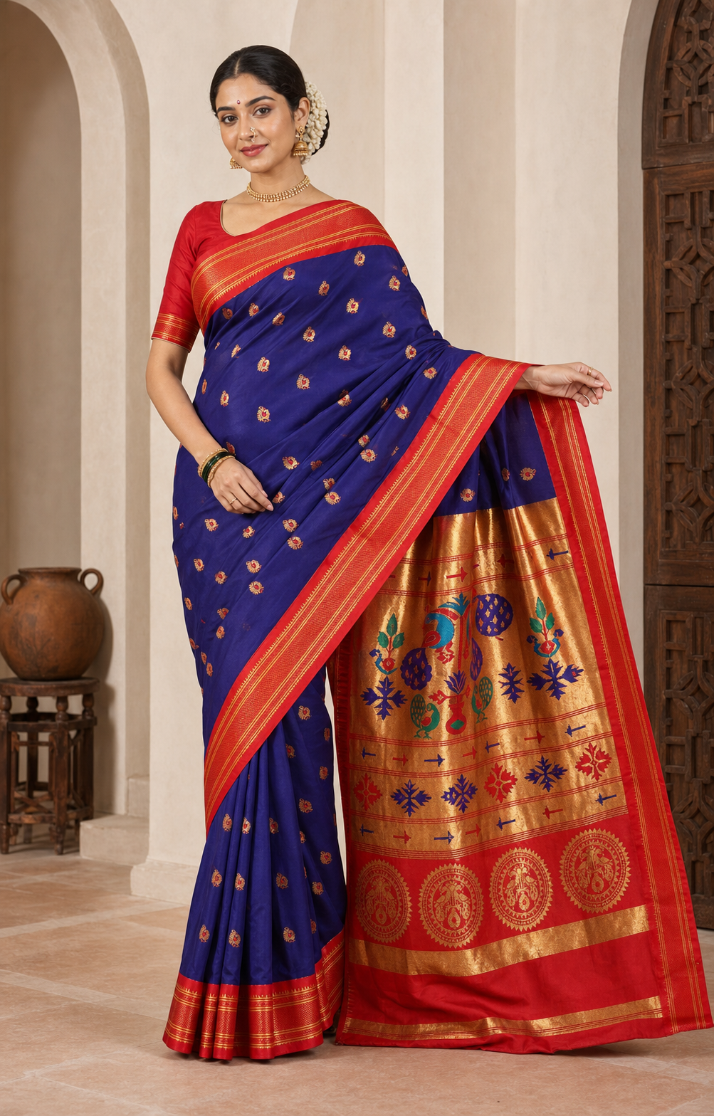 Usha Indigo Paithani worn front