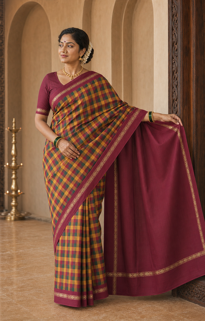 Karaikudi Maroon Chettinad worn