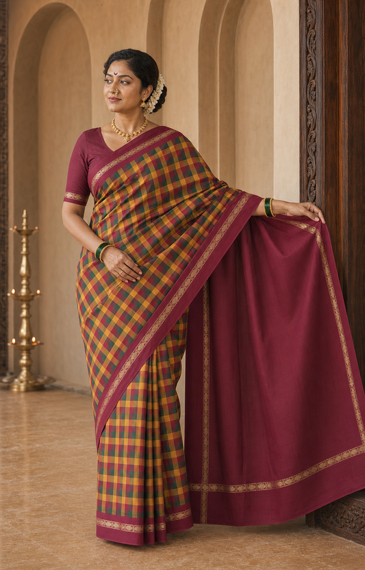 Karaikudi Maroon Chettinad worn