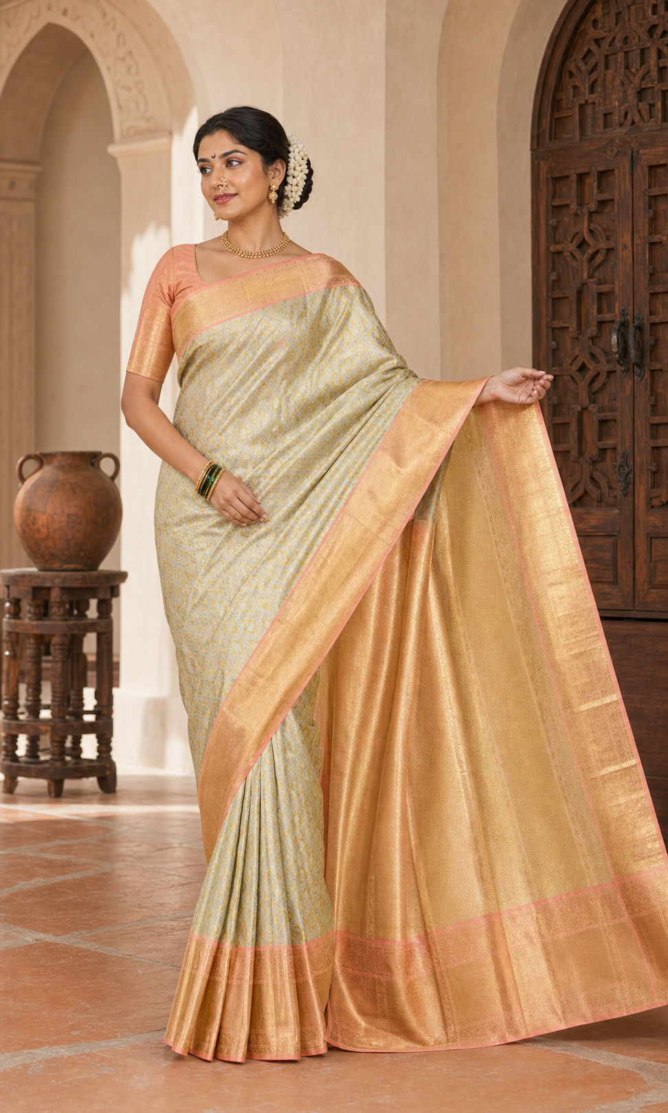Swarnima Cream Kanjeevaram worn front