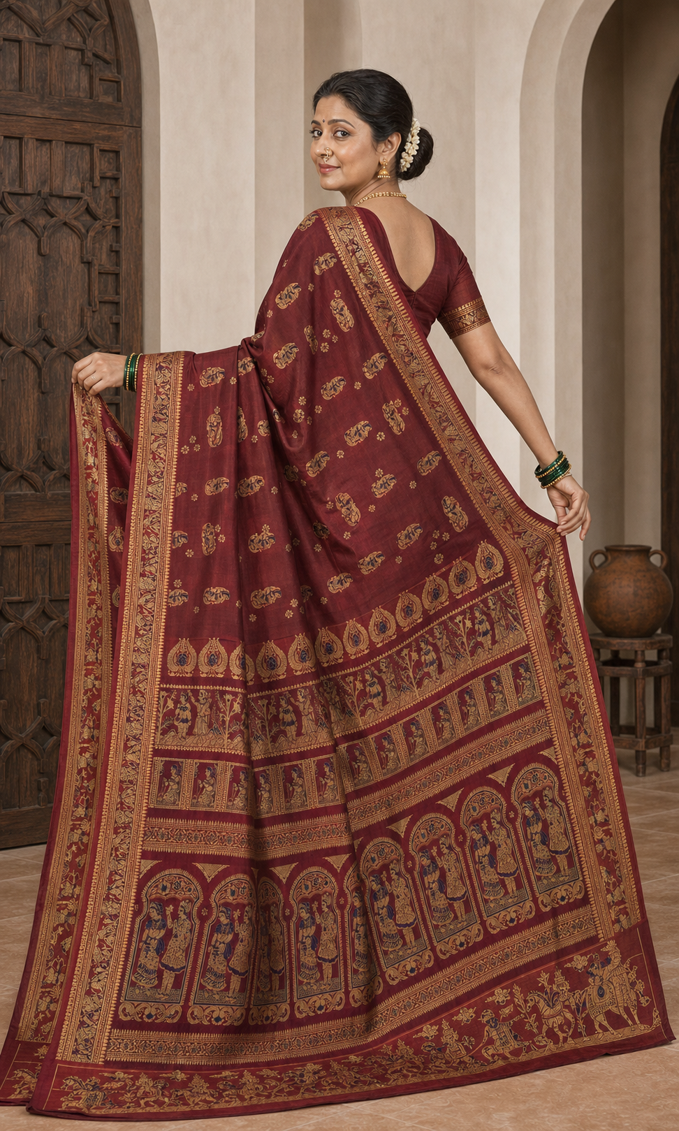 Kahaani Maroon Baluchari worn back