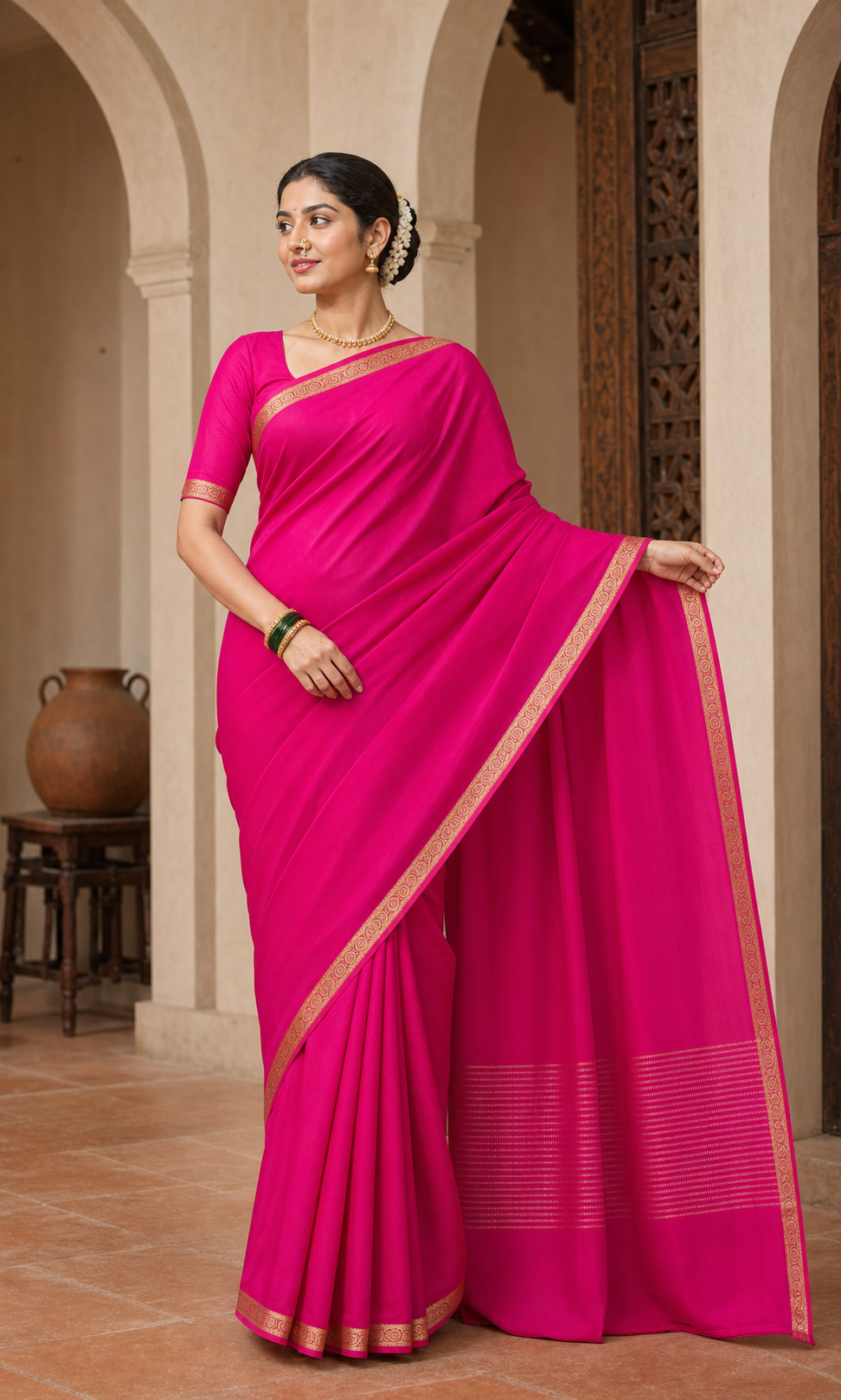 Gulaal Rani Pink Mysore Silk worn front