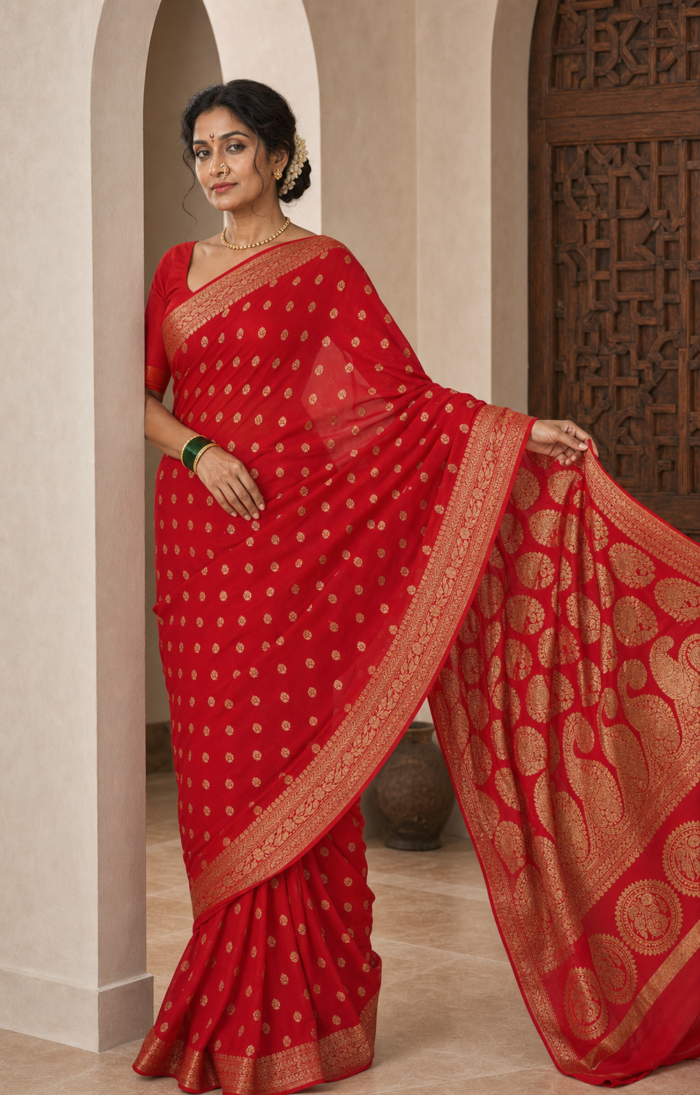 Lahza Red Banarasi worn back
