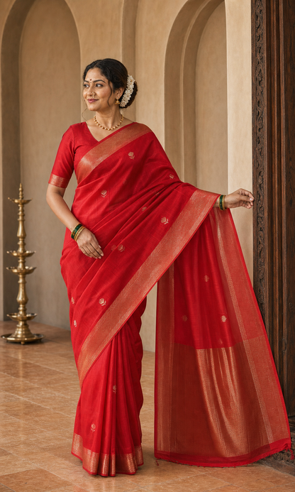 Ahilya Red Maheshwari worn front