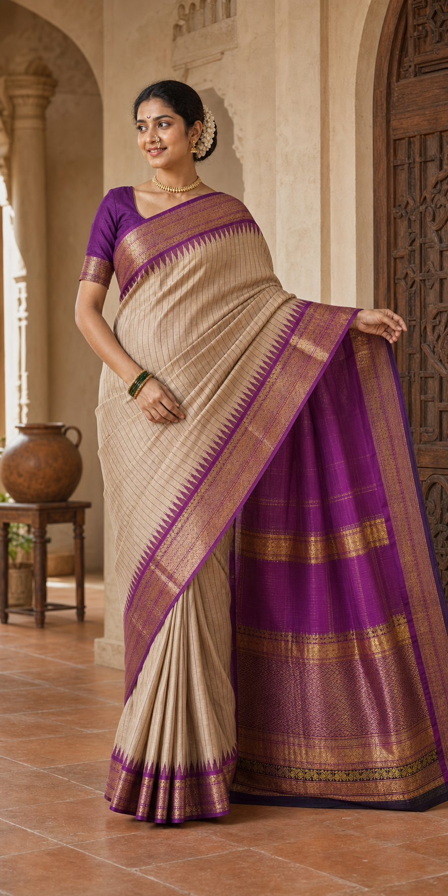 Chandan Beige Gadwal worn front