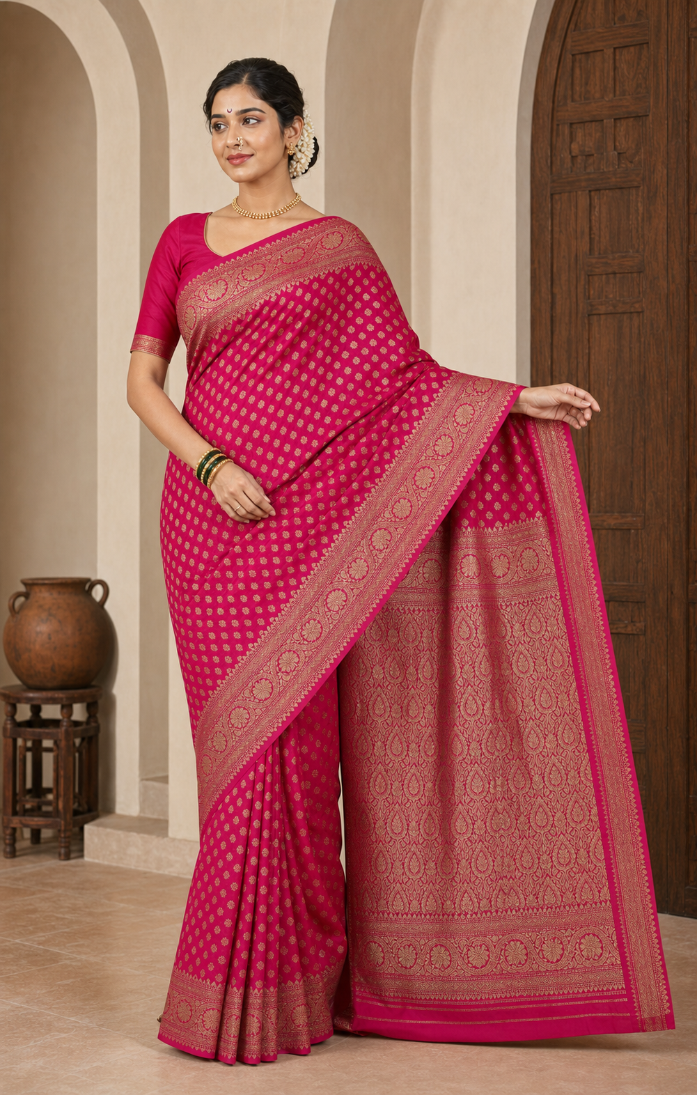 Purana Rani Pink Banarasi worn front