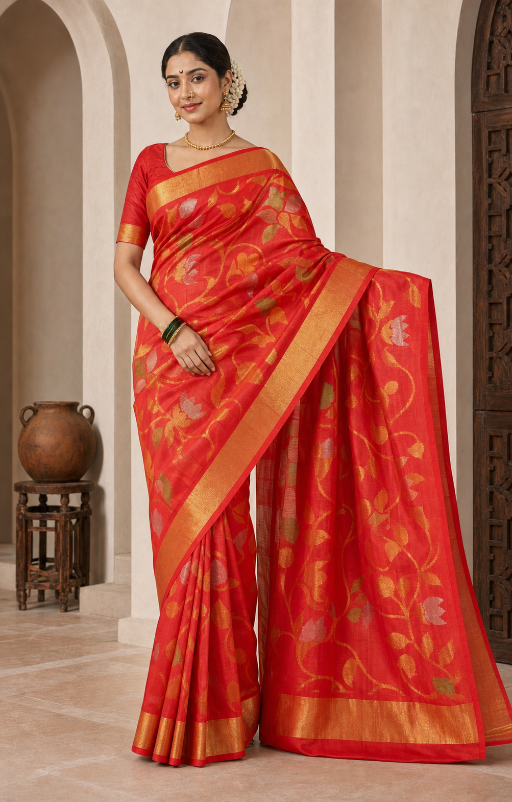 Sindoori Vermilion Banarasi worn front