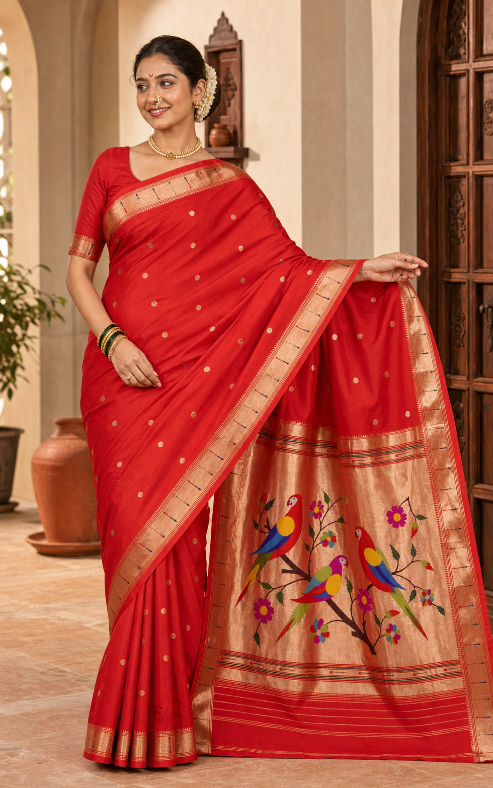 Popat Red Paithani worn front