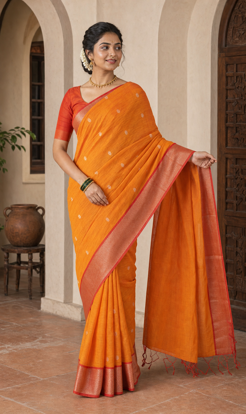 Suvarna Orange Mangalagiri worn front