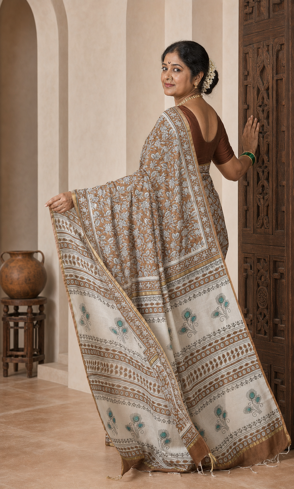 Mrittika Brown Chanderi worn back