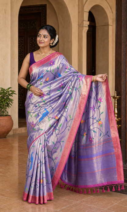 Mayuri Lilac Paithani worn front