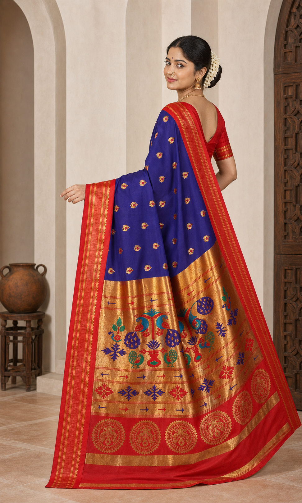 Usha Indigo Paithani worn back