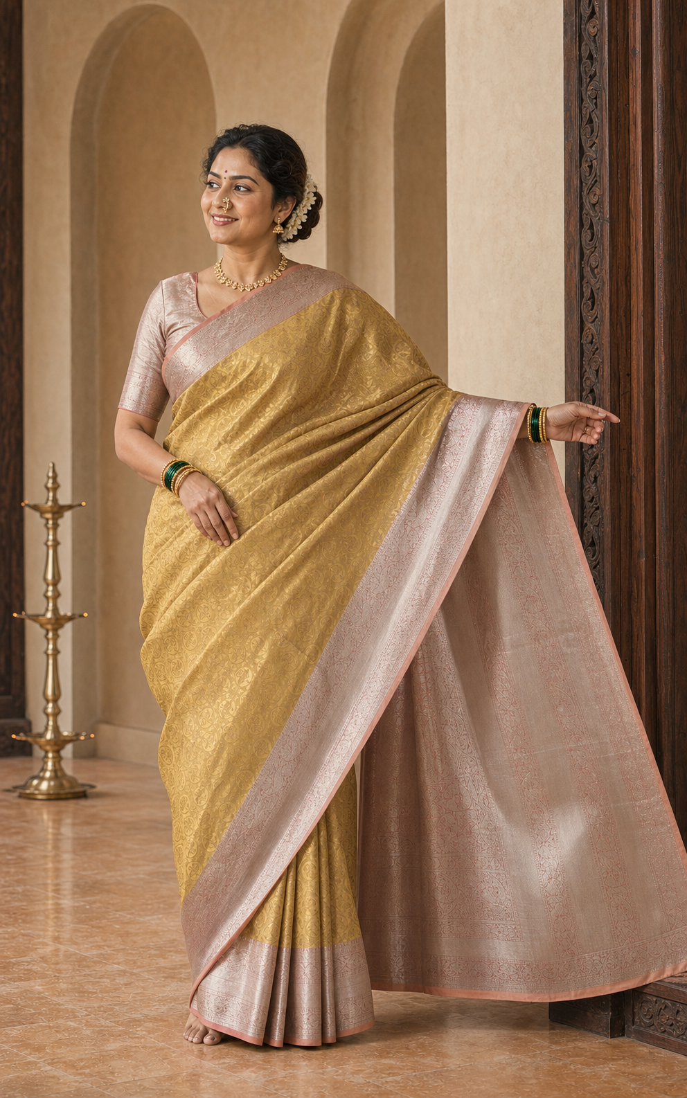 Hiranya Gold Kanjeevaram worn front