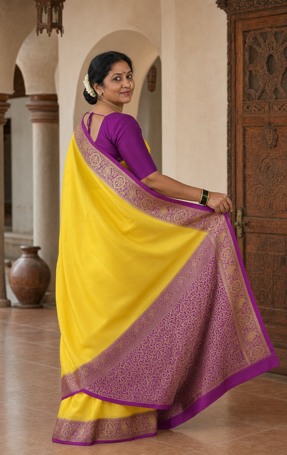 Haldi Yellow Mysore Silk worn back