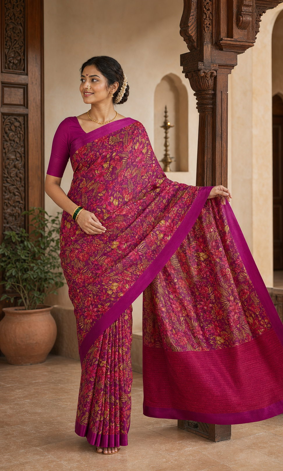 Vasanti Magenta Printed Silk worn front