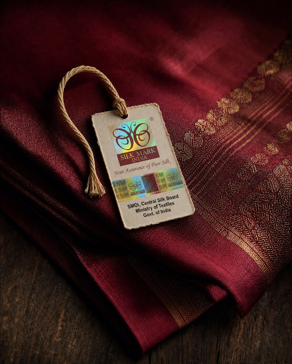 Silk Mark hologram label attached to silk