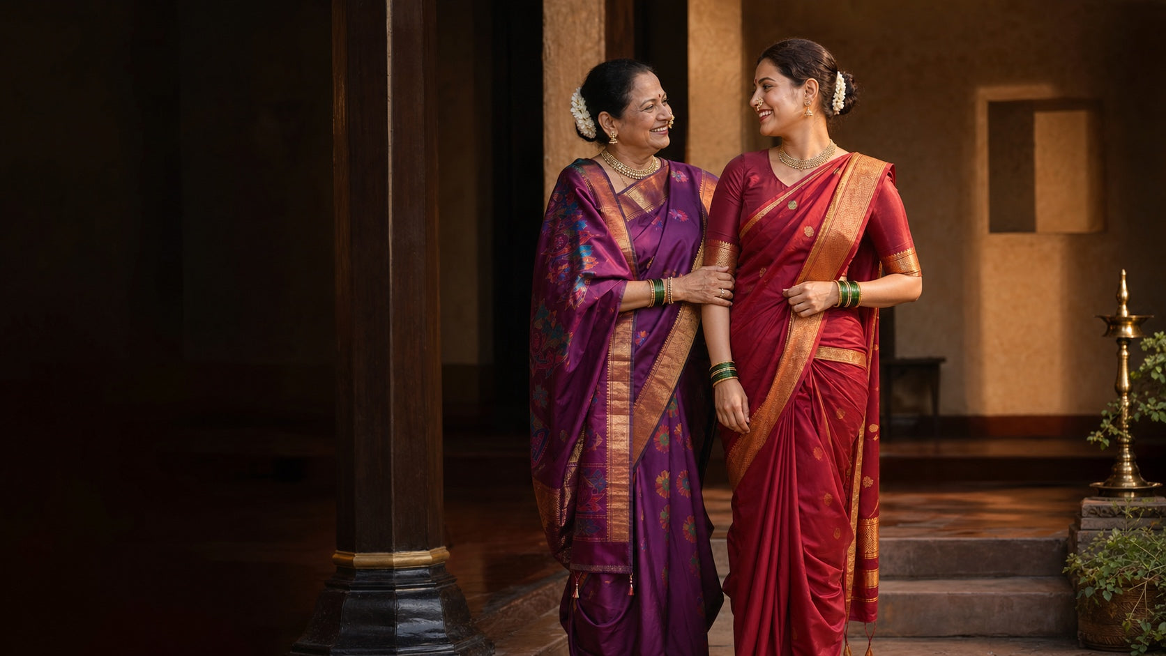 Mother and daughter sharing a Maharashtrian silk inheritance