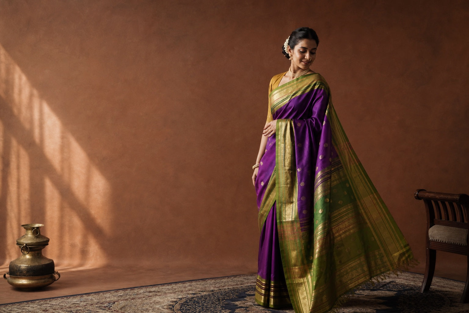 Woman wearing an aubergine Paithani saree