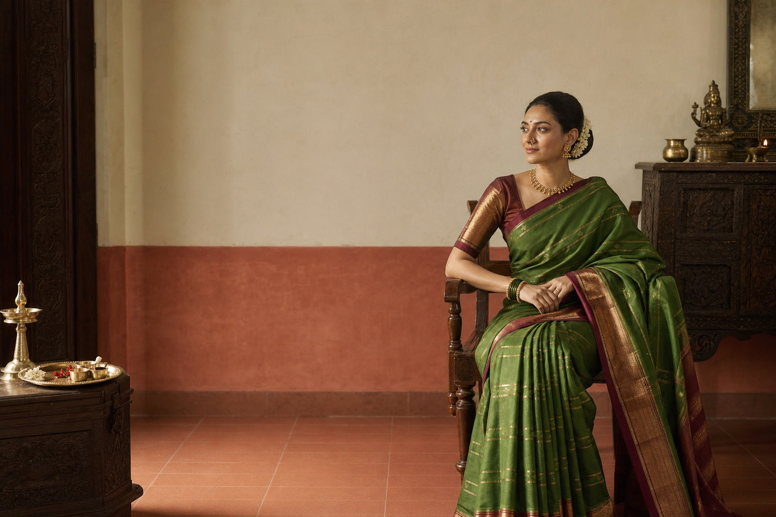 Woman wearing a green Paithani saree