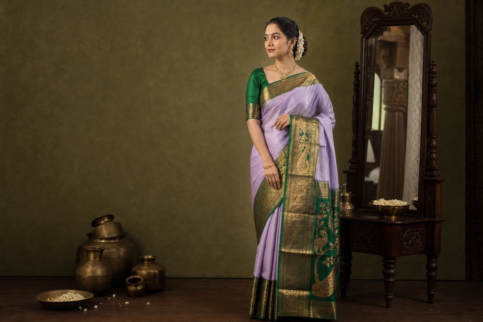 Woman wearing a lilac Paithani saree