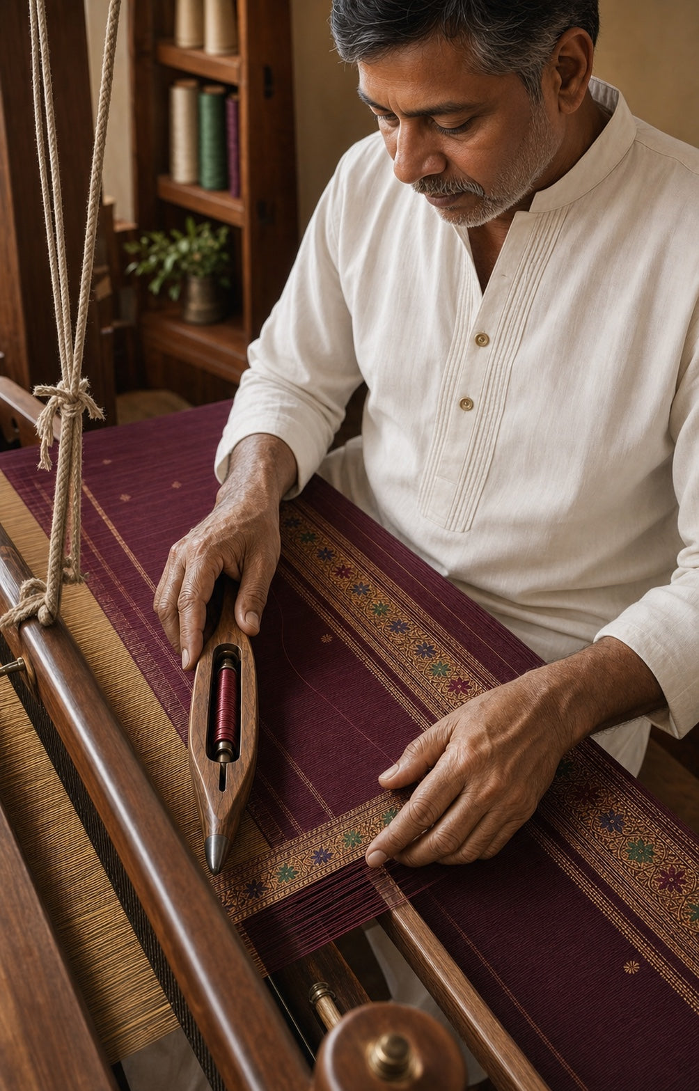 Master artisan guiding a wooden shuttle through silk