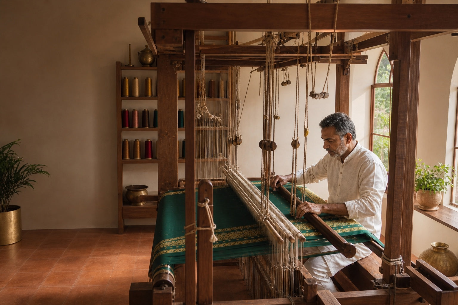 Master artisan weaving silk on a traditional teak handloom
